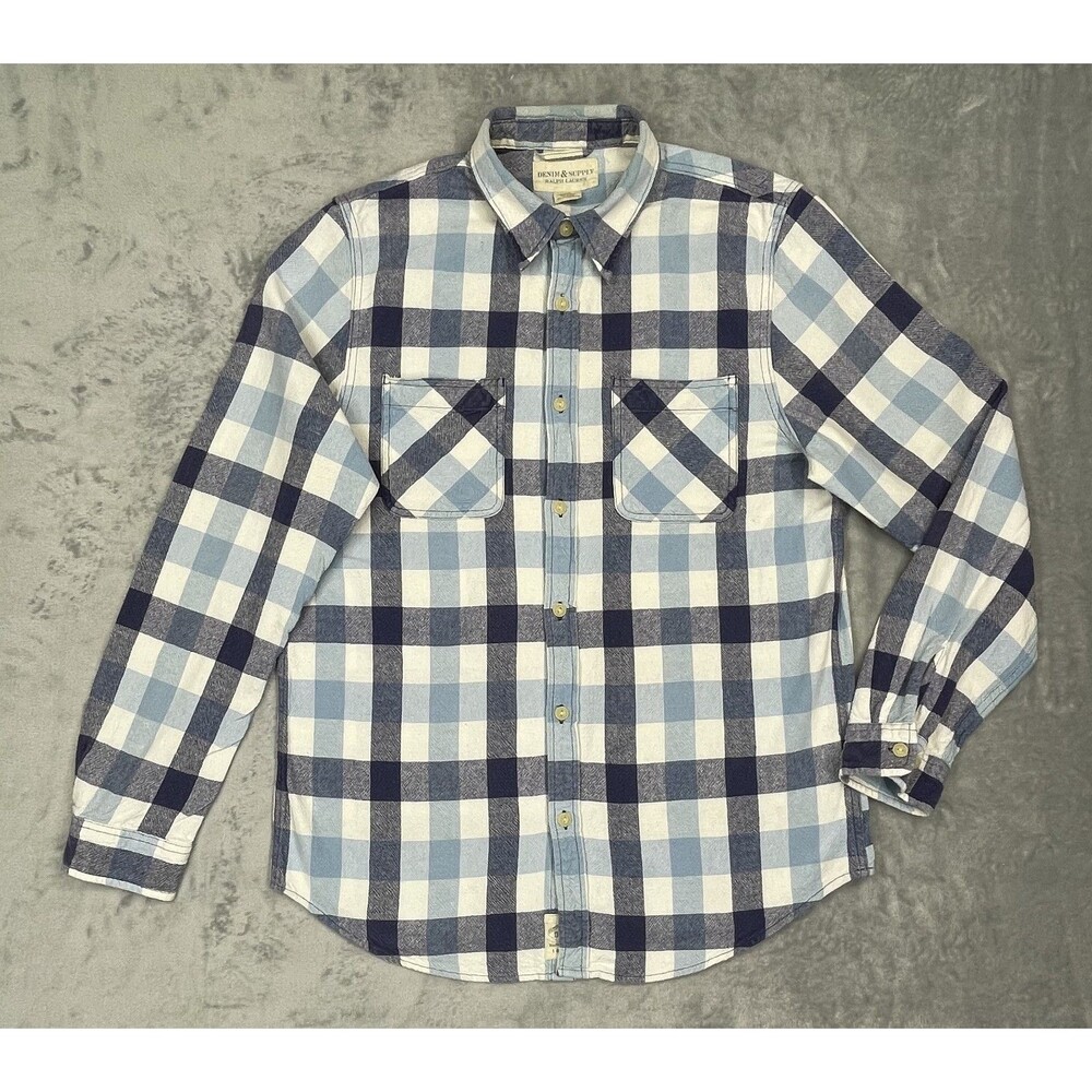 Ralph Lauren Denim & Supply Heavy Cotton Men L Shirt Button Up Plaid Blue White